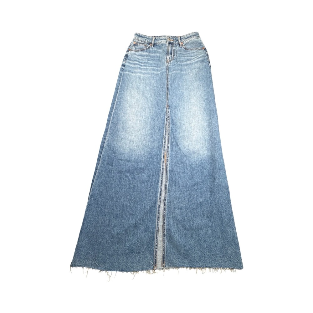 American Eagle Denim Skirt Women 00 Blue Low Rise Maxi Raw Hem Boho